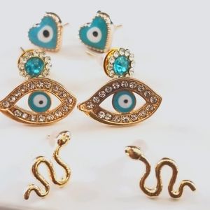 3/30❤️Evil Eye Protection Teal Stud Earrings 3 pcs Set New